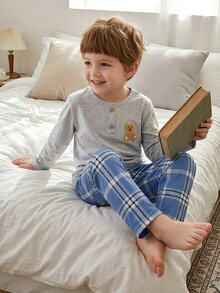 Young Boy Gray Long Sleeve Bear Patch Top & Plaid Pants Set Loungewear - Multicolor - View 2