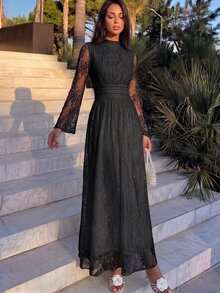 Firerie Women's Elegant Long Lace Dress With Stand Collar And Bell Sleeves - Black - View 6