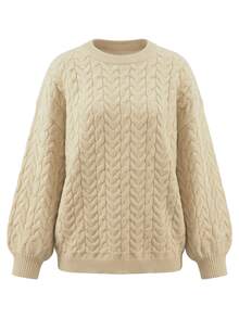 valorelle valorelle Women's New Autumn/Winter Textured Knit Pullover Sweater, Cable Knit Round Neck Drop Shoulder Loose Lantern Long Sleeve Ribbed Hem Top - Apricot - View 6