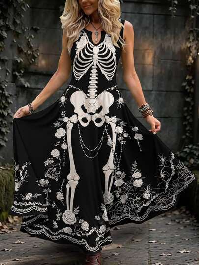 Breezaya Plus Size Women's Halloween Black White Colorblock Skeleton Floral Spider Web Print Nothed-Neck Sleeveless Dress,Gothic Graphic Casual Loose Fit Dress