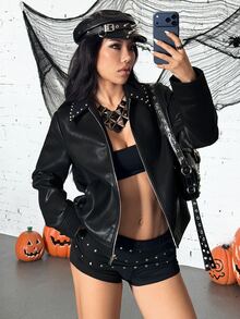Jeanoix Women Studded Collar Faux Leather Moto Jacket - Black - View 5