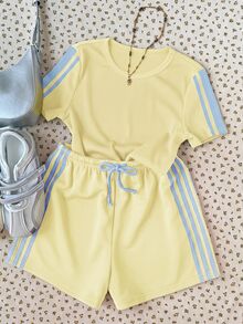 SHEIN 青少年女孩休閒對比粉色膠帶飾邊鞋 - 黃色 - 查看 1