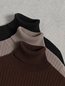 SHEIN LUNE 女款素色高領長袖休閒百搭套頭毛衣 - 棕色 - 查看 3
