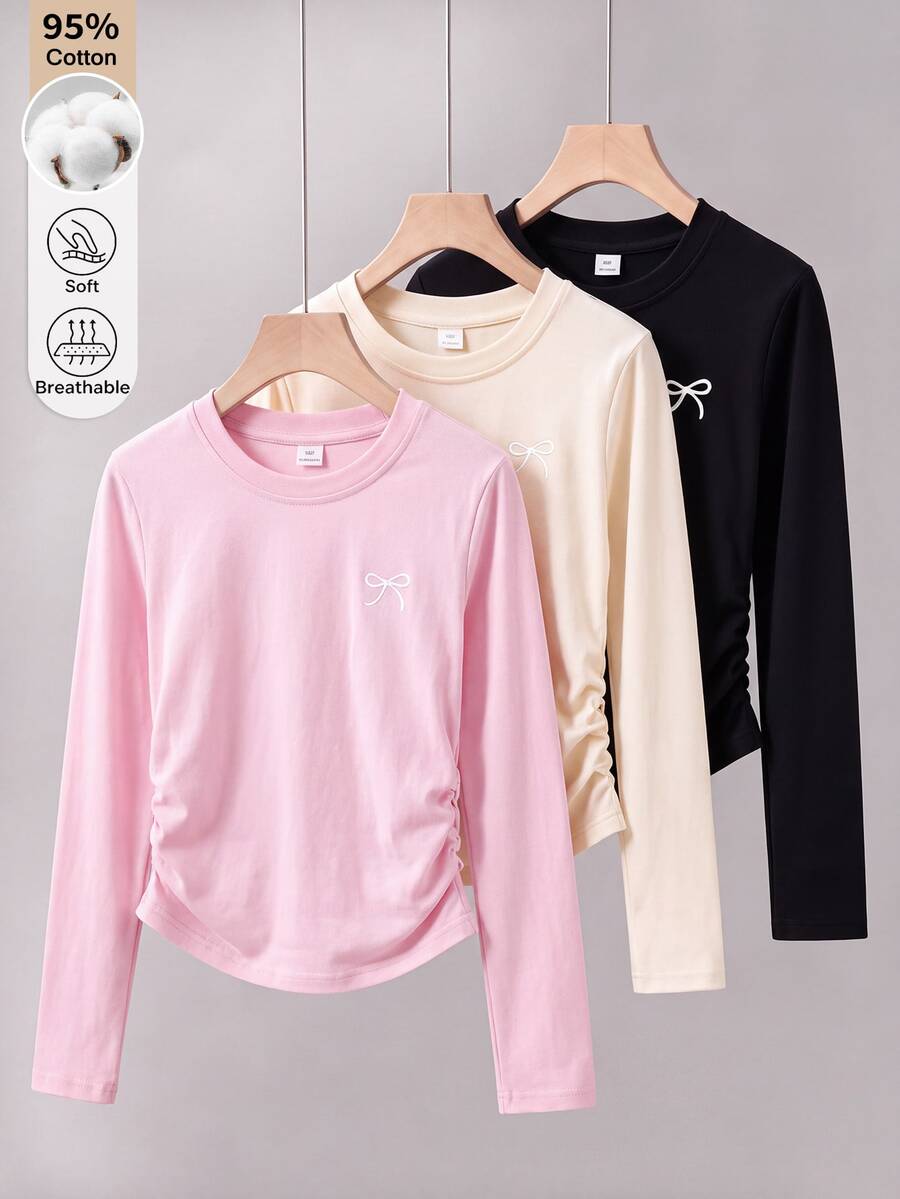 6Pcs Tween Girls Cotton Solid Color Long Sleeve Base Layer Fall Tops, Casual Bow Pattern Slim Fit T-Shirts, 3 Colors Available - Multicolor - View 1