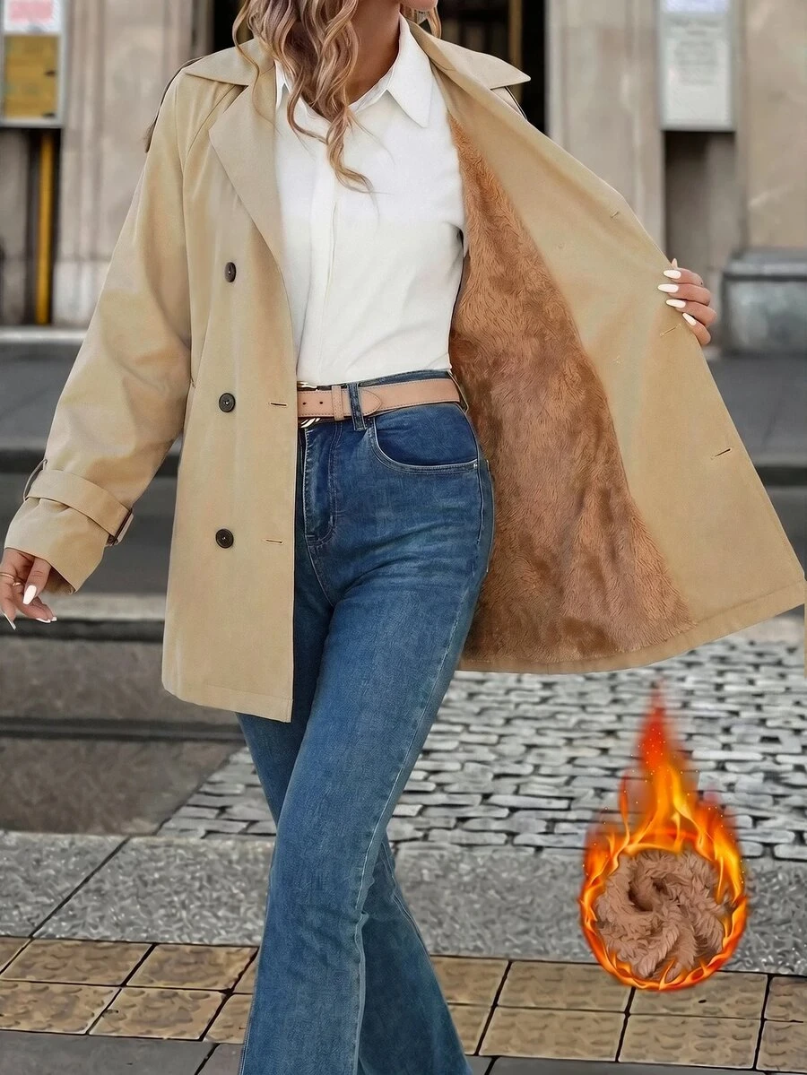 SHEIN Clasi Mantel Trench Panjang Sedang dengan Lapisan Termal yang Mengencangkan Pinggang, Nyaman dan Elegan - Khaki - View 1