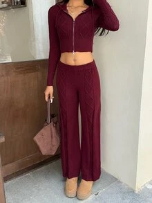 Autumina Women's Fashion Versatile 2 Pieces Set, Cropped Hooded Cardigan & Knit Pants, Casual Commute - Burgundy - View 5