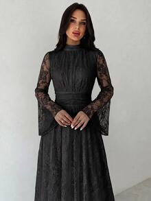 Firerie Women's Elegant Long Lace Dress With Stand Collar And Bell Sleeves - Black - View 8