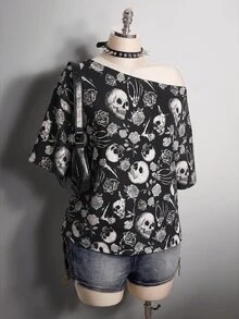 SHEIN ICON 大尺碼女款全印花不對稱肩休閒百搭日常T恤 - 彩色 - 查看 4