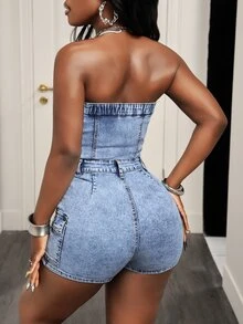 SHEIN PETITE Women's Single-Breasted Bandeau Cargo Pocket Denim Romper - Light Wash - View 2