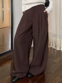 DAZY Celana Panjang Wanita Kasual Serbaguna Warna Polos dengan Potongan Lebar untuk Musim Gugur - Coklat - View 4