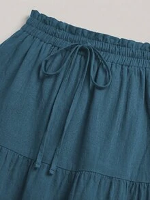 Lacomfia 春夏優雅休閒繫腰抽褶垂墜波西米亞高腰A字大尺碼層次黑色蛋糕裙 - 霧霾藍 - 查看 7