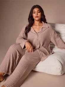 Lazeform Super Soft Ribbed Women's Plus Size Pajama Set Casual Loungewear - Pink - View 1