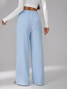 SHEIN Tall Loose Drawstring Waist Trousers In Textured Crinkle Fabric - Sky Blue - View 2