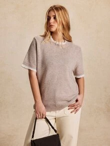 Écloséra Curve Plus Size Women's Casual Versatile Lace Trim Short Sleeve Knit Top - Khaki - View 7