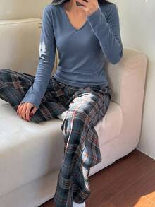 DAZY 春季寬鬆休閒舒適女款居家服套裝 2 件組 - 藍色 - 查看 5