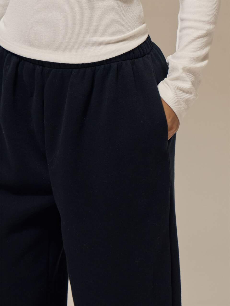 Black Fleece Elastic Waistband Relaxed Fit Straight Wide Leg Sweatpants