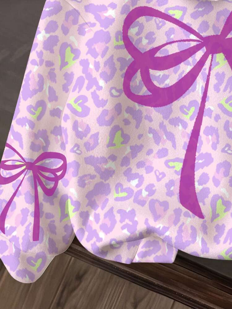 Tween Girls Casual Minimalist Sweet Bow, Pink Purple Leopard Print, Thick Soft Comfortable Hooded Sweatshirt Suitable For Autumn/Winter, Kawaii, Chill, Y2K, Cozy Fall & Winter Styles - Multicolor - View 5