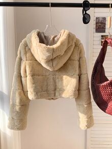 Comfortcana Women's Fashionable Solid Color Fleece Cropped Hooded Coat In Fall/Winter - Apricot - View 2