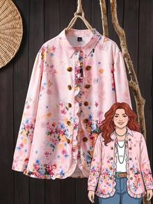 Rusticease Plus Size Vintage Floral Print Ruffle Collar Button Front Jacket Fall Winter 2026 - Multicolor - View 2