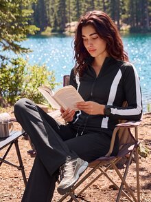 Exploreva Women's Colorblock Zipper Long Sleeve Top And Pants Casual Daily Sports Set - Black - View 6