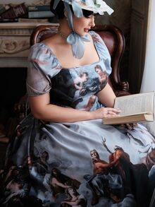 Lyrianda Fashionable Oil Painting Print Waist-Cinching Round Neck Dress Halloween - Multicolor - View 7