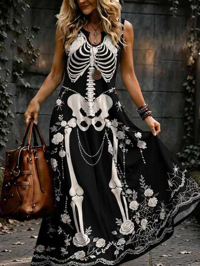 Breezaya Plus Size Women's Halloween Black White Colorblock Skeleton Floral Spider Web Print Nothed-Neck Sleeveless Dress,Gothic Graphic Casual Loose Fit Dress