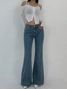 DAZY 女款休閒百搭丹寧喇叭牛仔褲，附口袋 - 藍色 - 查看 2