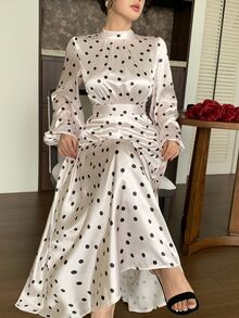 DAZY Women's Polka Dot Print Stand Collar Long Sleeve Ruffle Hem Dress Fall - White - View 8