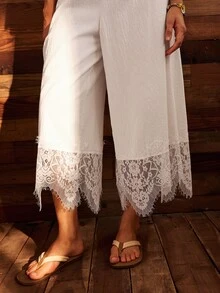 Lullawish Women's Solid Color Waist Tie Contrast Lace Wide Leg Pajama Pants - White - View 3