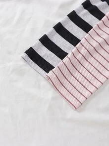 SHEIN Children's Striped Long Sleeve Top For Spring And Autumn, Black & White Stripes, Brown & Pink Stripes, V-Neck Design With Delicate Lace Trim, Sweet And Fashionable, Suitable For Daily Wear And Gatherings - Multicolor - View 5