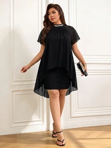 Femmeverse Women's Plus Size Summer New Pleated Halter Neck Flutter Sleeve Sequin Patchwork Cap Sleeve Party Dress High Waist Bodycon Dress - Black - View 6