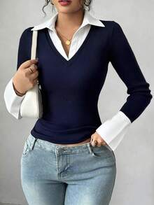 SHEIN Raffinéa 藍色條紋印花對比色女款簡約V領 Polo 領彈性修身打底上衣，休閒、夜店、商務休閒、演唱會、辦公室穿搭，老錢風，熱銷純色羅紋針織面料，高彈力、超柔軟舒適、嬰兒親膚，貼身修身，休閒日常、性感派對、街頭、度假旅行、約會，春夏秋冬新款，喇叭袖長袖 T-shirt - 藏蓝色 - 查看 7