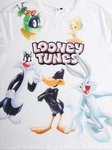 LOONEY TUNES X SHEIN Plus Size Men's Letter Cartoon Print Short Sleeve Top And Shorts Casual Daily Home Pajama Set - White - View 3