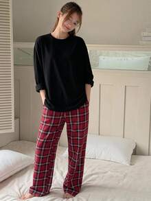 Dazy Kids Teen Girl Solid Color Long Sleeve Top And Plaid Pants Casual Daily Home Pajama Set - Black - View 5