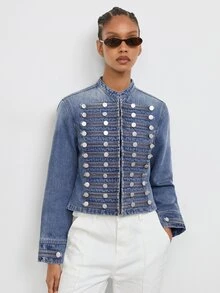 Maija Women's Zipper Front Long Sleeve Casual Napoleon Denim Jacket - Blue - View 6