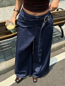 Rivivi Plus Size Women Non-Stretch Denim Straight Leg Pants With Metal Button Decor, Cowboy Outfits For Women - Dark Wash - View 3