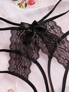 Spicy Aura 1pc Women's Lace Bow Open Crotch Panties - Black - View 5