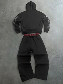 PAVTROS 男士字母印花連帽衛衣與運動長褲套裝 - 黑色 - 查看 2
