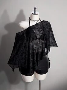 SHEIN ICON 大尺碼雪紡外套與三角杯繫帶背心女款兩件套 - 黑色 - 查看 7