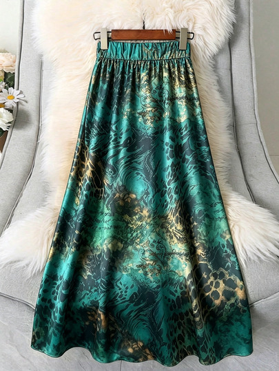 EMERY ROSE Women Satin High Waist Maxi Skirt, Green Leopard Baroque Print Elastic Waist A‑Line Long Skirt, Elegant Flowy Swing Hem Party Streetwear Bottoms