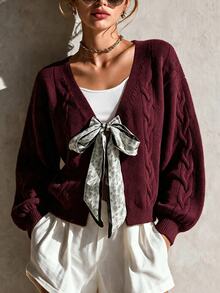 SHEIN Women's V-Neck Twisted Rope Shoulder Paisley Ribbon Tie Long Sleeve Cardigan Sweater - Burgundy - View 4