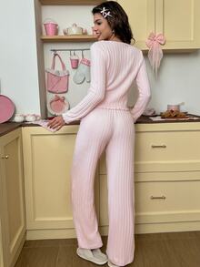 SweetSlumber Women's Bow Decor Long Sleeve Top And Long Pants Pajama Set - Pink - View 2