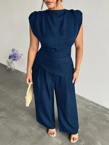 Firerie 大尺碼女款純色百褶不對稱下擺上衣與寬腿褲優雅兩件套 - 藏蓝色 - 查看 5
