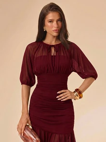 SHEIN BAE Gaun Pesta Wanita Elegan Berwarna Polos - Burgundy - View 7