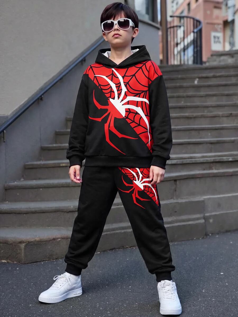 青少年男孩休閒極簡長袖連帽舒適衛衣2件套,適合秋冬,經典酷炫蜘蛛圖案印花,經典蜘蛛網圖案印花,適合運動 - 彩色 - 查看 1