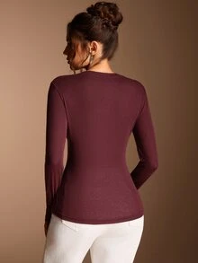 SHEIN BASICS 女款純色修身百搭日常長袖T恤 - 酒紅色 - 查看 9