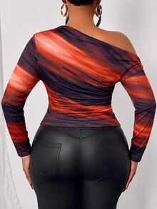 SOLERSUN Plus Size Women's Navy Sequin Print Asymmetric Long Sleeve Wrinkles T-Shirt, Slanted-Shoulder (Random Pattern) Sexy Fall Going Out Night - Red - View 3