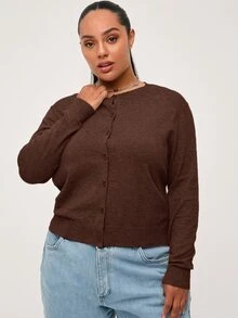 SHEIN BASICS 休閒純色長袖開襟針織衫，大尺碼秋冬服飾 - 咖啡棕 - 查看 5
