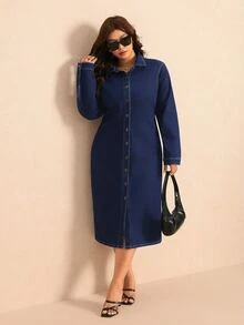 Elaquor Plus Size Women's Long Sleeve Single-Breasted Casual Denim Dress - Blue - View 6