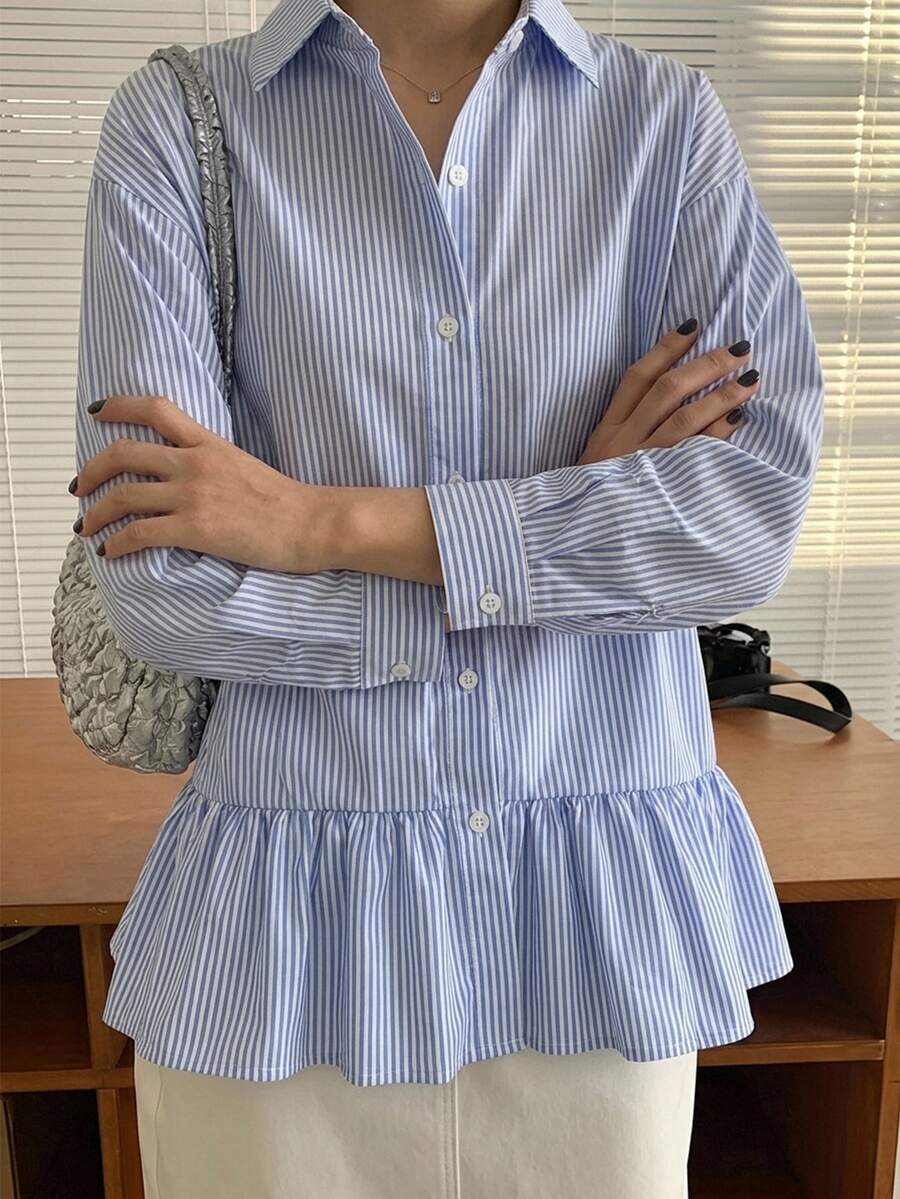 DAZY 休閒通勤條紋長袖襯衫 - 藍色 - 查看 1